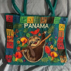 Panama Colorful Embroidered Sloth Tote Bag